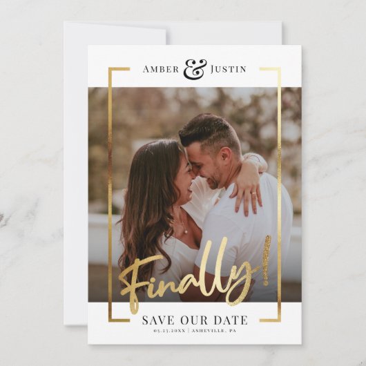Endlich! | Modernes Gold Square Foto Eleganter Spa Save The Date (Vorderseite)