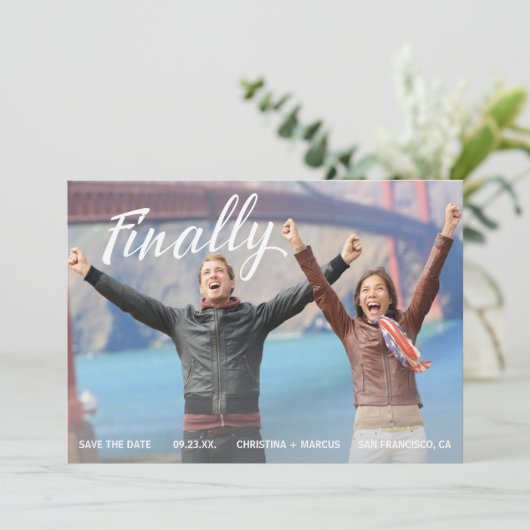 Endlich Save the Date Blue Stripe (Stehend Vorderseite)