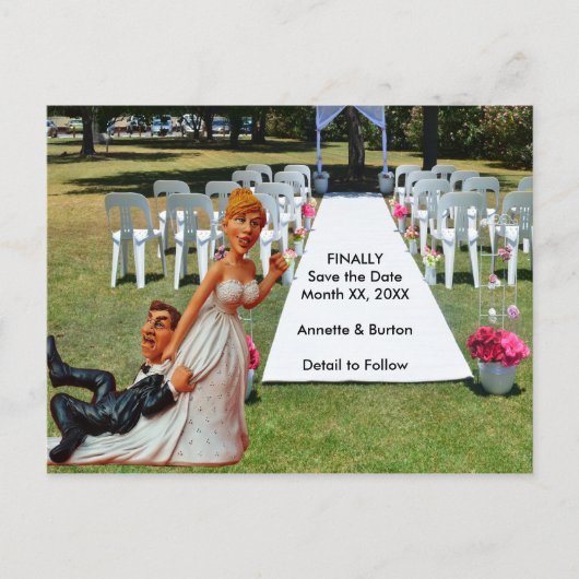 Endlich Save the Date Funny Couple Postcard Ankündigungspostkarte (Vorderseite)