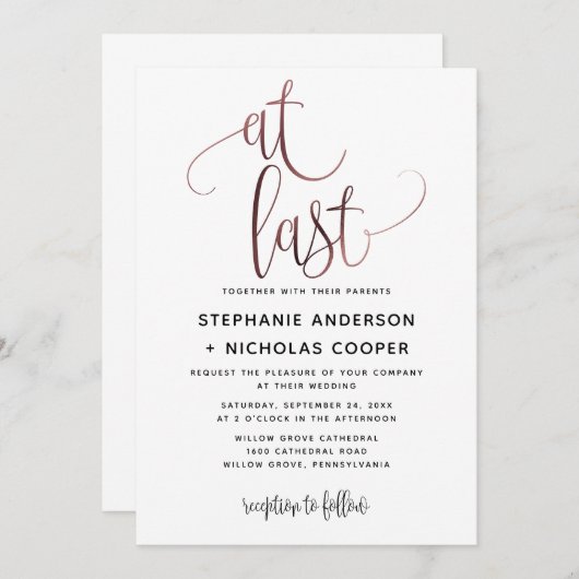 Endlich Schwarze Rose Gold Script Typografie Hochz Einladung (Vorne/Hinten)