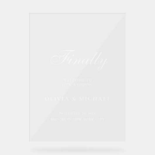 Endlich White Script Wedding Willkommen Acrylschild (Vorderseite)