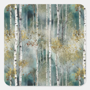Endlose Birch Tree Dreamscape Tree in Nebel Quadratischer Aufkleber
