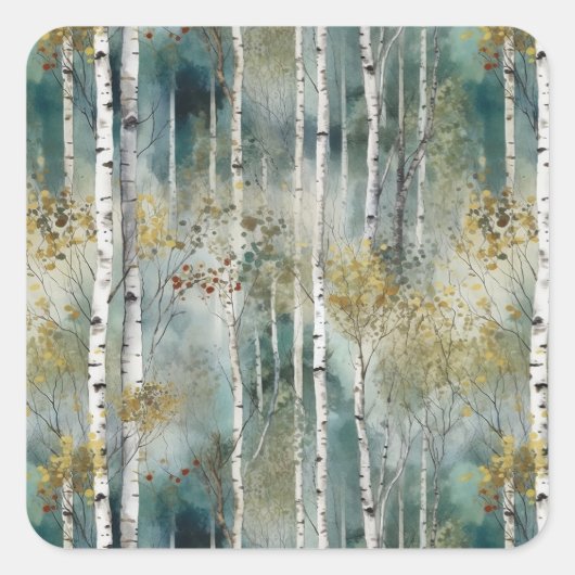 Endlose Birch Tree Dreamscape Tree in Nebel Quadratischer Aufkleber (Vorderseite)
