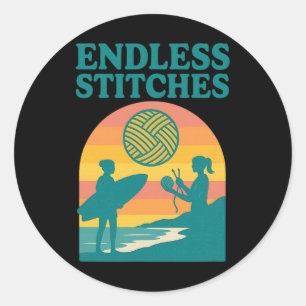Endlose Stiche Stricken Surfen Retro Sonnenunterga Runder Aufkleber
