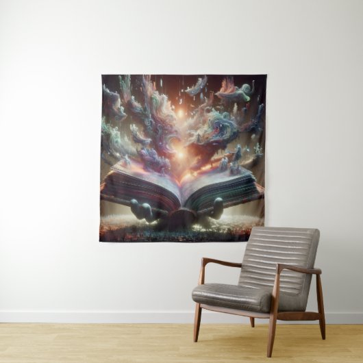 Endloses Buch mit kaskadierenden liquiden Wörtern Wandteppich (Beispiel)