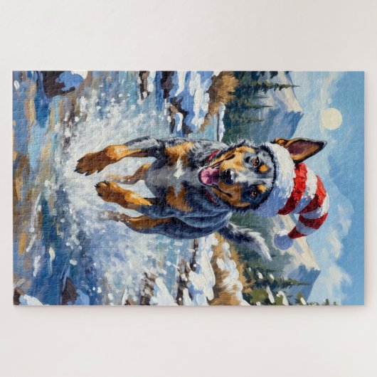 Energetic Blue Heeler Dog Winter Creek Christmas Puzzle (Horizontal)