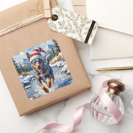 Energetic Blue Heeler Dog Winter Creek Christmas Quadratischer Aufkleber (Schenken)