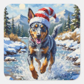 Energetic Blue Heeler Dog Winter Creek Christmas Quadratischer Aufkleber (Vorderseite)