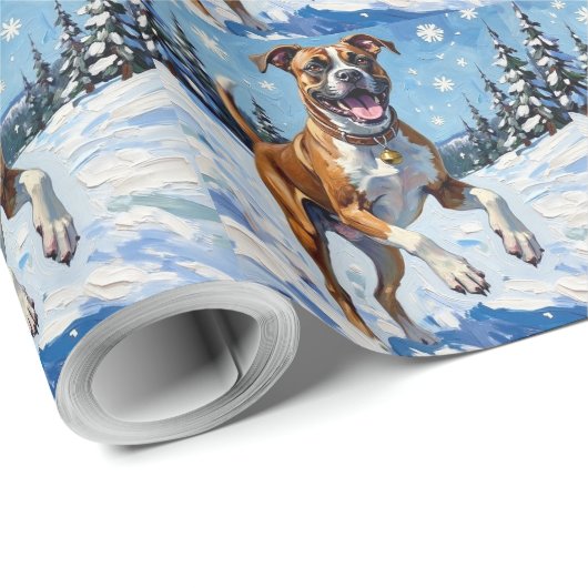 Energetic Boxer Dog Leaping in Winter Snow Fun Geschenkpapier (Rolleneckpunkt)