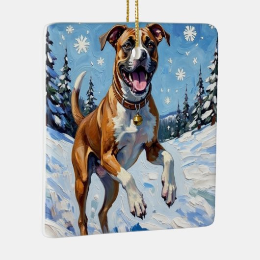 Energetic Boxer Dog Leaping in Winter Snow Fun Keramikornament (Rechts)