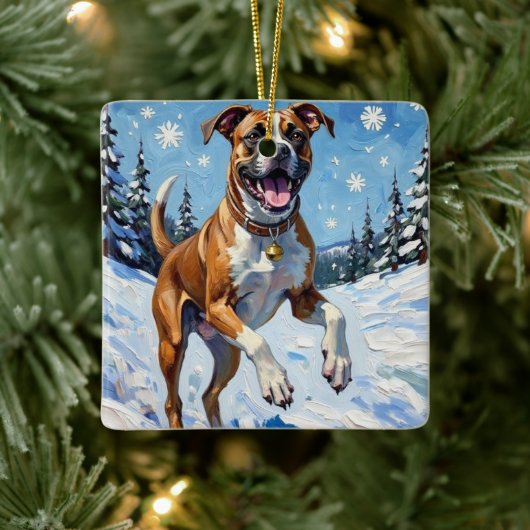 Energetic Boxer Dog Leaping in Winter Snow Fun Keramikornament (Baum)