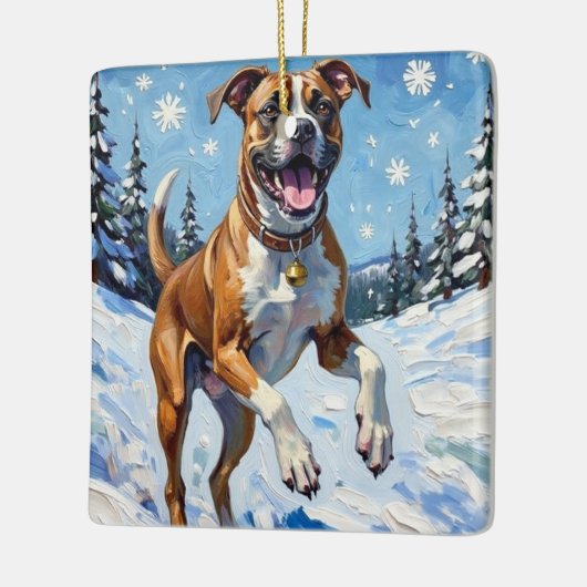Energetic Boxer Dog Leaping in Winter Snow Fun Keramikornament (Links)