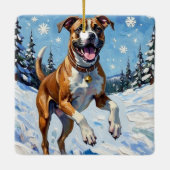 Energetic Boxer Dog Leaping in Winter Snow Fun Keramikornament (Rückseite)