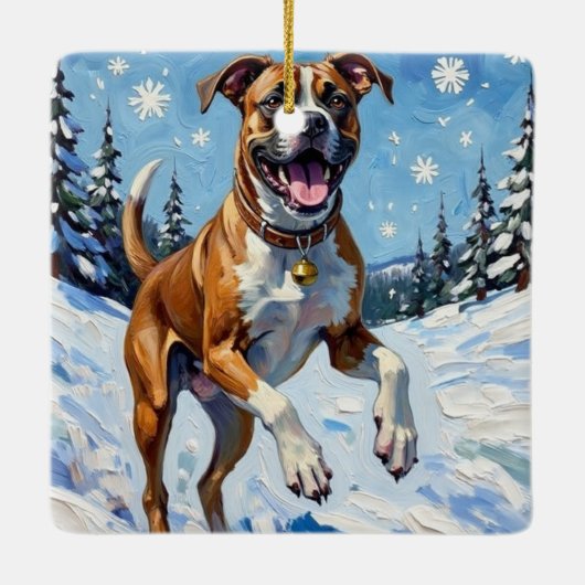 Energetic Boxer Dog Leaping in Winter Snow Fun Keramikornament (Rückseite)