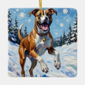 Energetic Boxer Dog Leaping in Winter Snow Fun Keramikornament (Vorderseite)