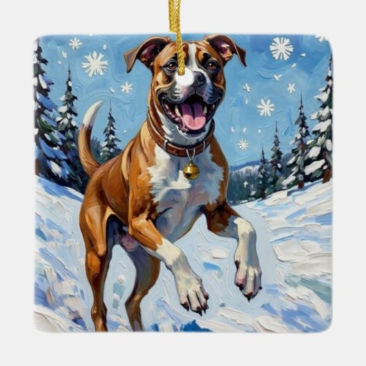 Energetic Boxer Dog Leaping in Winter Snow Fun Keramikornament (Vorderseite)