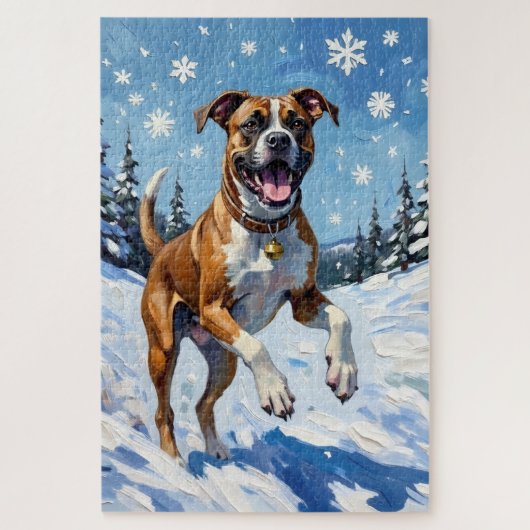 Energetic Boxer Dog Leaping in Winter Snow Fun Puzzle (Vertikal)