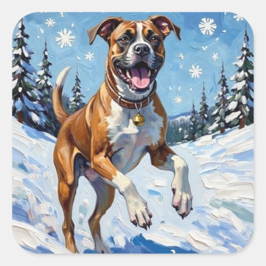 Energetic Boxer Dog Leaping in Winter Snow Fun Quadratischer Aufkleber (Vorderseite)
