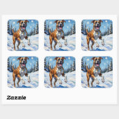 Energetic Boxer Dog Leaping in Winter Snow Fun Quadratischer Aufkleber (Blatt)