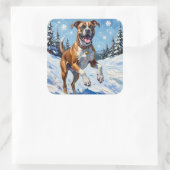 Energetic Boxer Dog Leaping in Winter Snow Fun Quadratischer Aufkleber (Tasche)