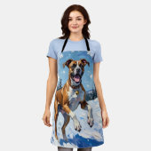 Energetic Boxer Dog Leaping in Winter Snow Fun Schürze (Getragen)