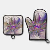 Energetic, Colorful Abstract Fractal Art Flower Ofenhandschuh & Topflappen-Set (Vorderseite)