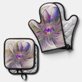 Energetic, Colorful Abstract Fractal Art Flower Ofenhandschuh & Topflappen-Set (Vorderseite/Rückseite)