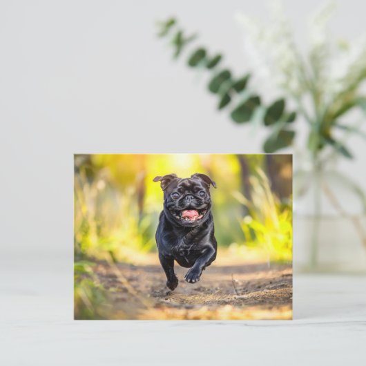Energetic Pug Running Through Forest Postkarte (Stehend Vorderseite)