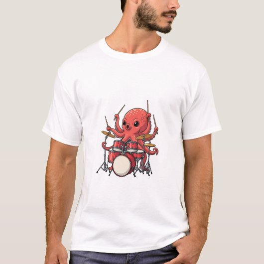 Energetic Red Octopus Drummer Multitasking T-Shirt (Vorderseite)