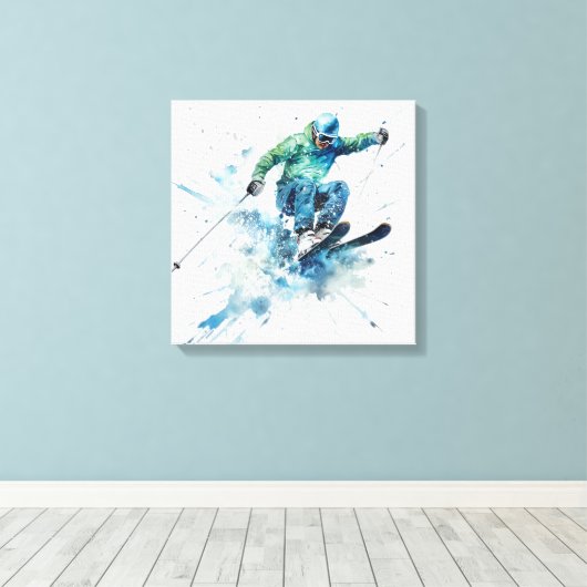 Energetischer Skifahrer in Blue Jacket - Fesselnde Leinwanddruck (Insitu (Holzboden))