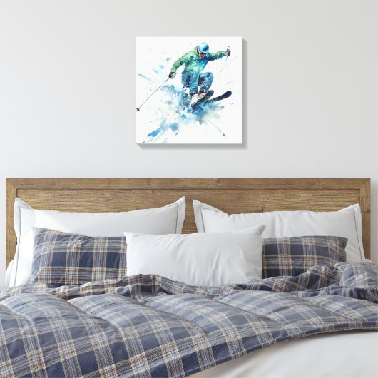 Energetischer Skifahrer in Blue Jacket - Fesselnde Leinwanddruck (Insitu (Schlafzimmer))