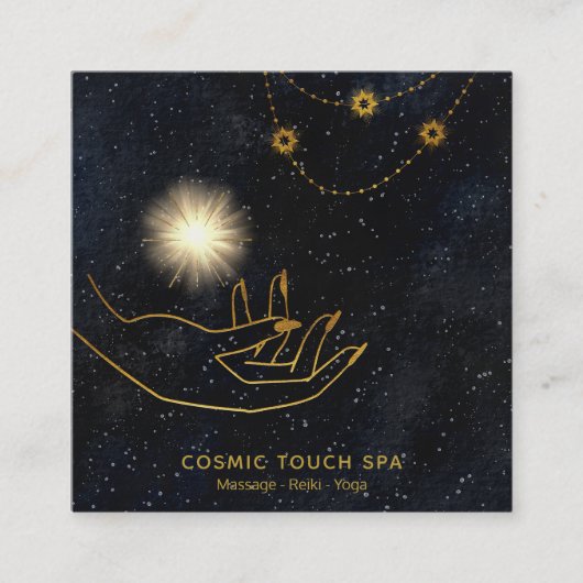*~* Energieheilung| Gold Cosmic Stars Hands Quadratische Visitenkarte (Vorderseite)