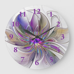 Energische, farbenfrohe abstrakte fraktale Blumenk Große Wanduhr