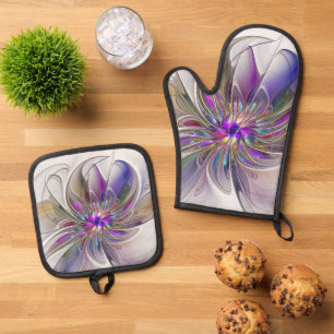 Energische, farbenfrohe abstrakte fraktale Blumenk Ofenhandschuh & Topflappen-Set