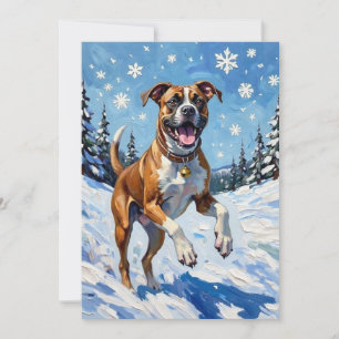 Energischer Boxerhund springt im Winterschnee Spaß Feiertagskarte