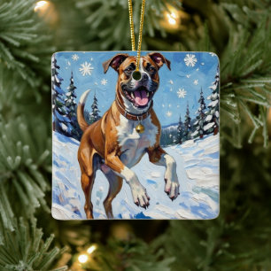 Energischer Boxerhund springt im Winterschnee Spaß Keramikornament