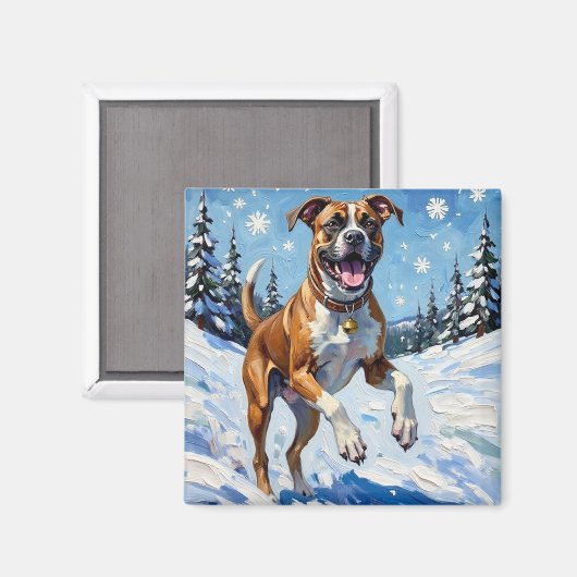 Energischer Boxerhund springt im Winterschnee Spaß Magnet (Vorderseite/Rückseite)