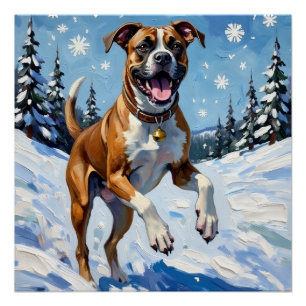 Energischer Boxerhund springt im Winterschnee Spaß Poster