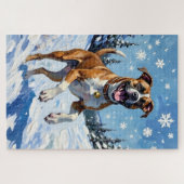 Energischer Boxerhund springt im Winterschnee Spaß Puzzle (Horizontal)