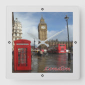 ENG063 LONDON BIG BEN, Doppeldecker Bus, Square W Quadratische Wanduhr (Vorderseite)