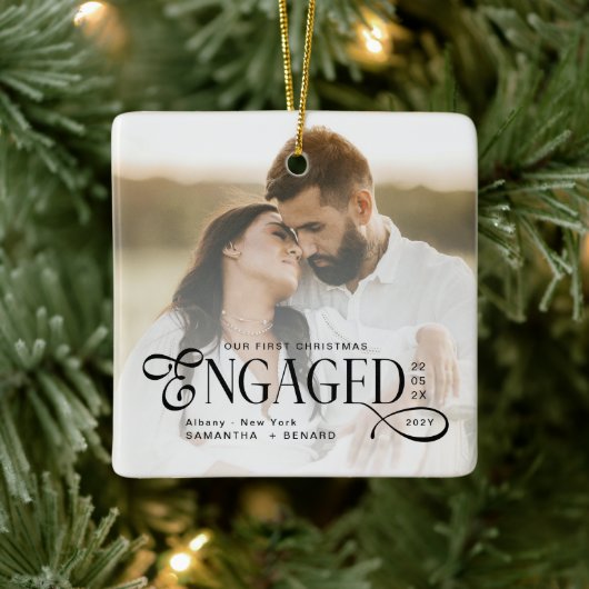 Engaged Couples 2 Photos Stylish First Christmas Keramikornament (Baum)
