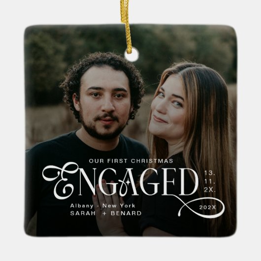 Engaged Couples 2 Photos Stylish First Christmas Keramikornament (Vorderseite)