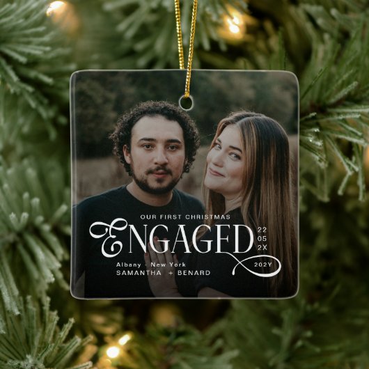 Engaged Couples 2 Photos Stylish First Christmas Keramikornament (Baum)