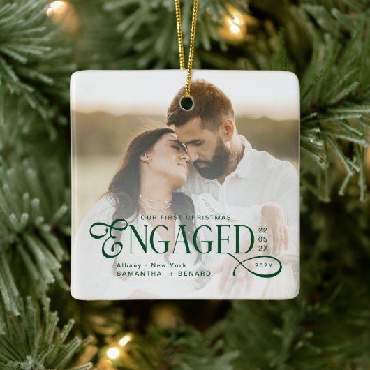 Engaged Couples 2 Photos Stylish First Christmas Keramikornament (Baum)