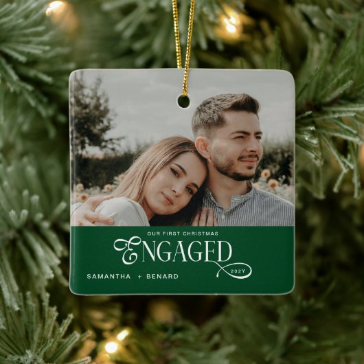 Engaged Couples Photo Stylish First Christmas Cer Keramikornament (Baum)