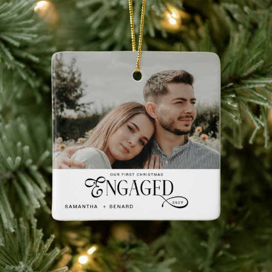 Engaged Couples Photo Stylish First Christmas Keramikornament (Baum)