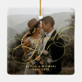 Engaged gold calligraphy script 2 photos keepsake keramikornament (Rückseite)