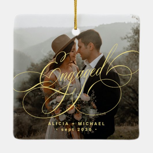 Engaged gold calligraphy script 2 photos keepsake keramikornament (Rückseite)