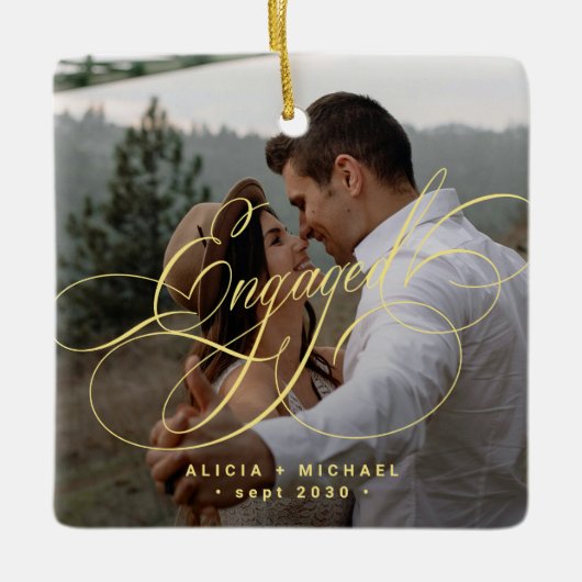 Engaged gold calligraphy script 2 photos keepsake keramikornament (Vorderseite)