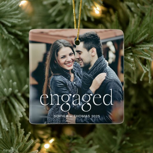 Engaged | Stylish Elevated Text and Two Photos Keramikornament (Baum)